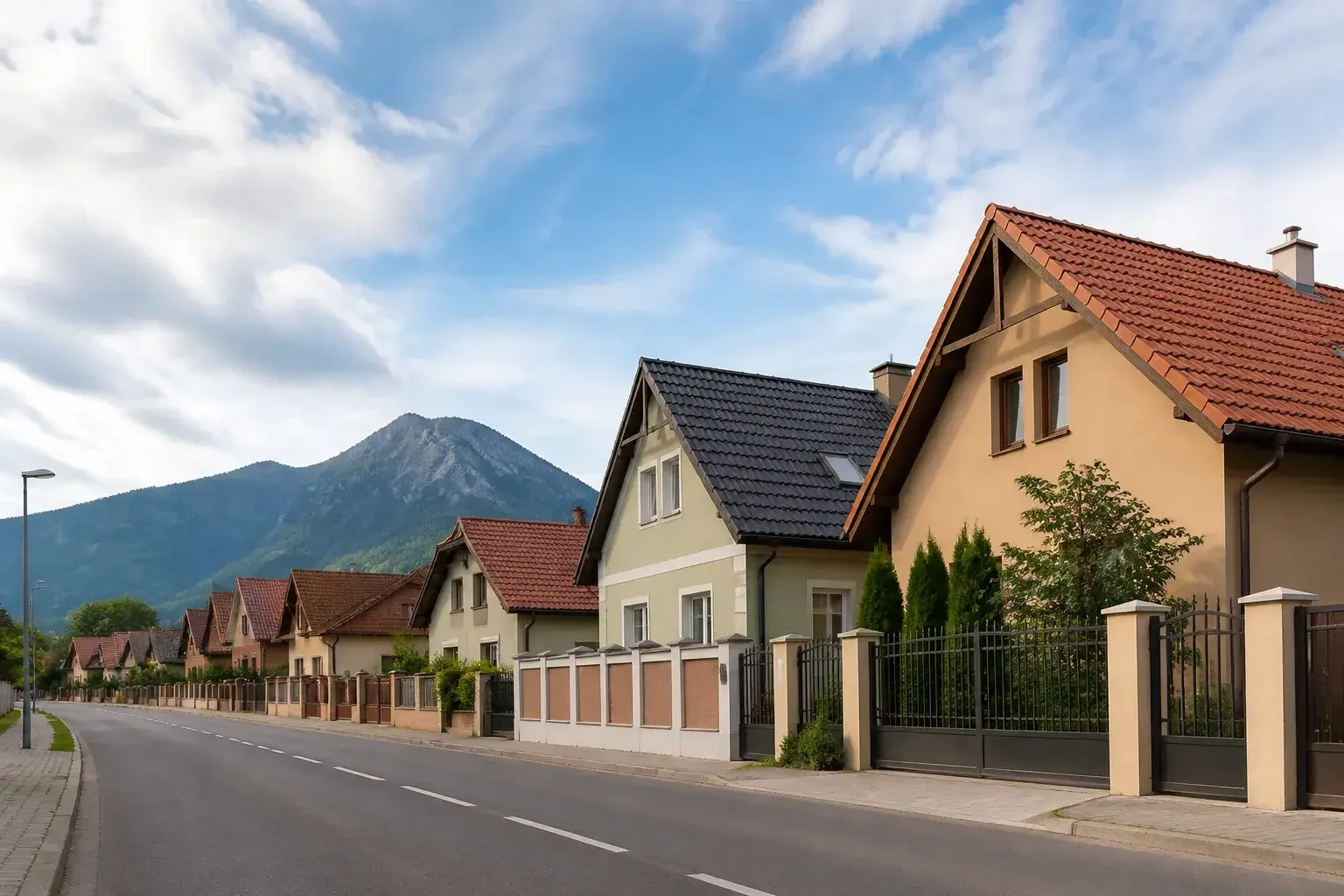 Stradă liniștită din Brașov cu acoperișuri bine întreținute.