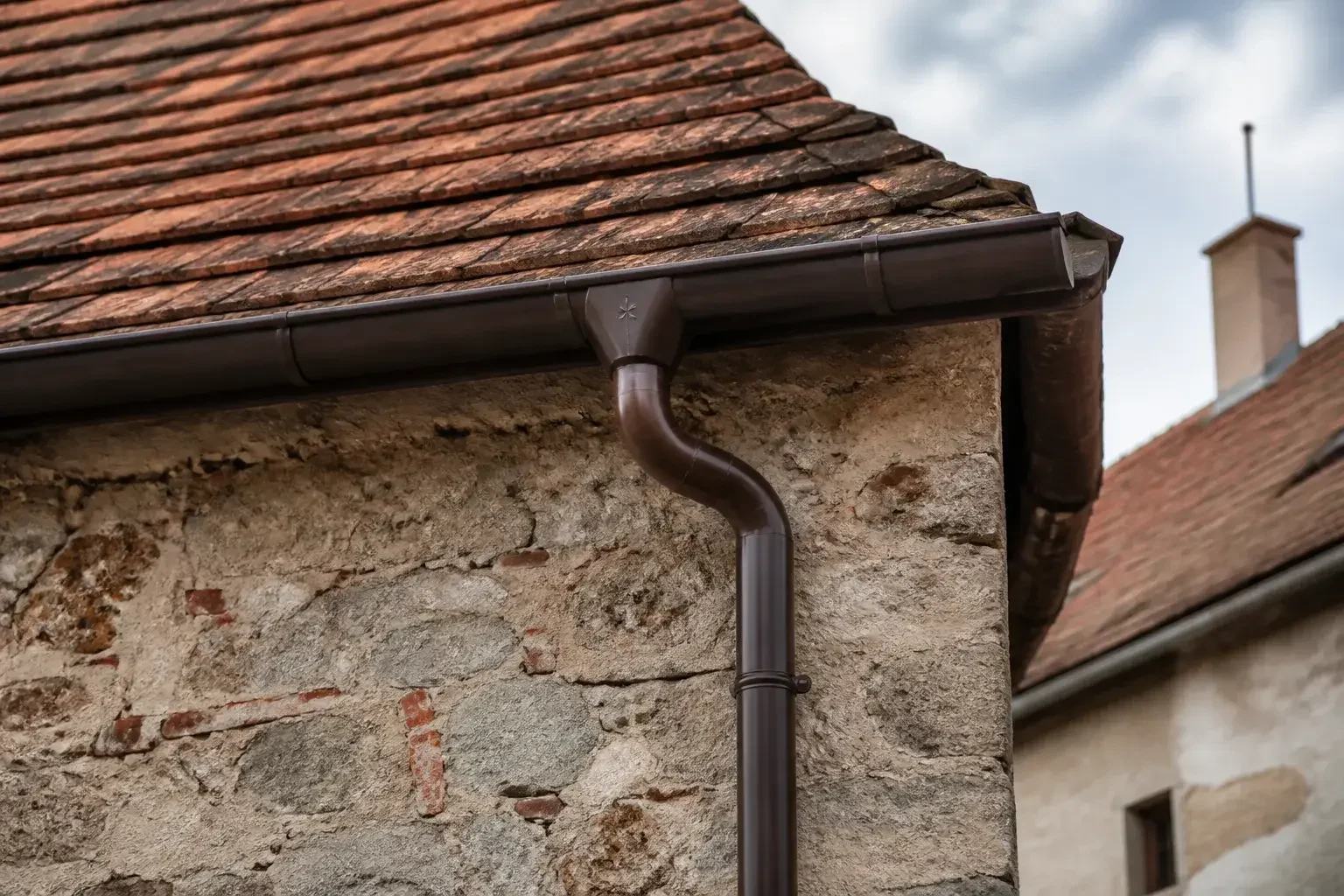 Jgheab nou montat pe marginea unui acoperiș.