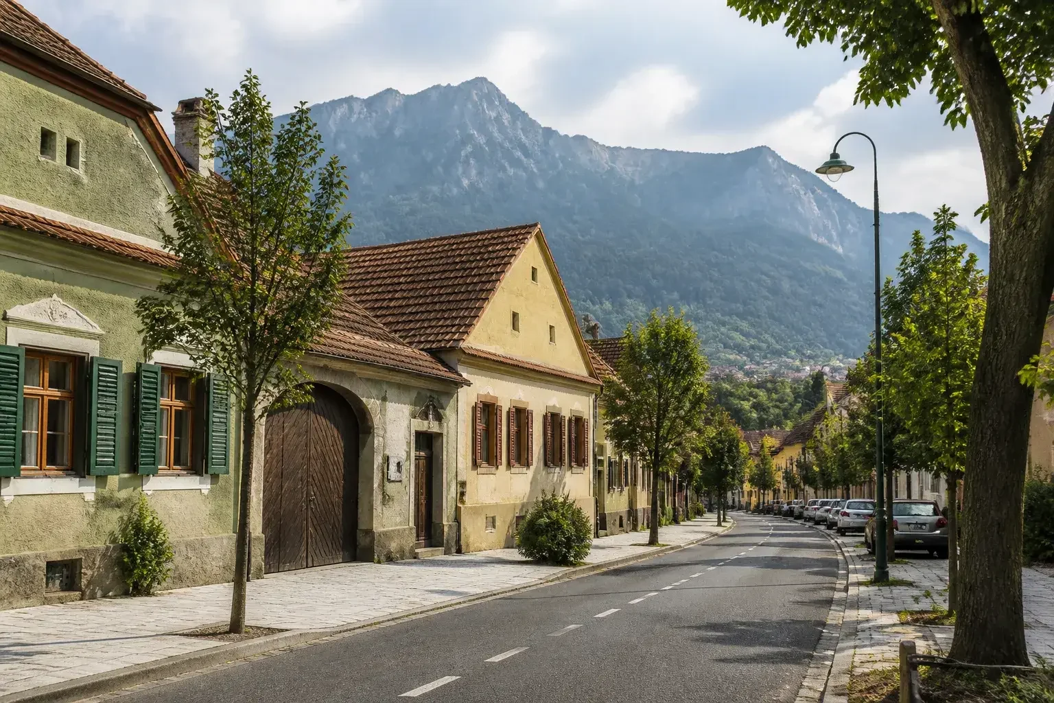 Stradă din Brașov cu case tradiționale și acoperișuri roșii.