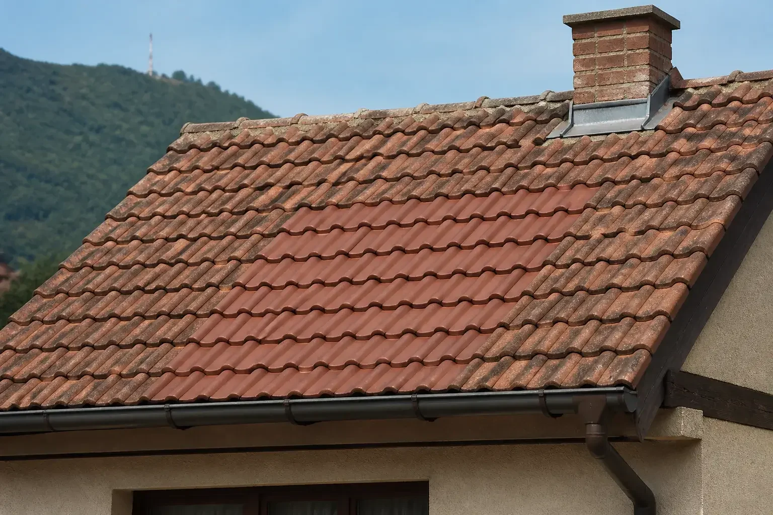 Porțiune reparată curat pe acoperișul unei case.